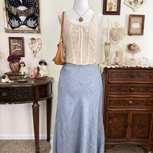 y2k preppy girly grunge blue linen maxi skirt w pockets